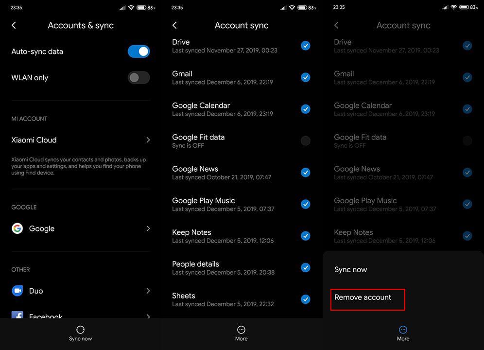 Remove Google account if Gmail notifications not working